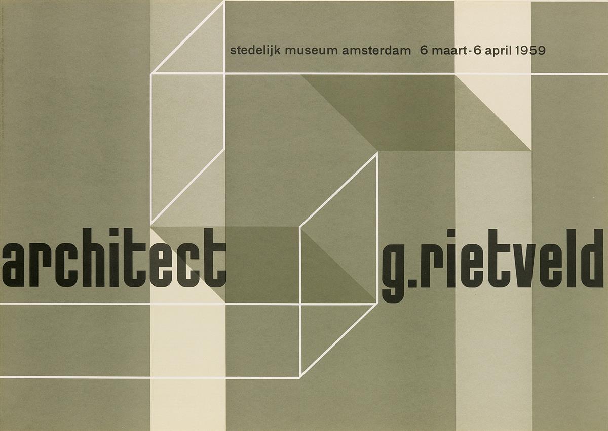 VARIOUS ARTISTS. RIETVELD / STEDELIJK MUSEUM. Group of 3 posters. 1959. Each 19x27 inches, 49x70 cm. Song & Co., Hilversum.